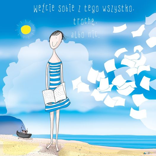 kreskówkowa kobieta w sukience w niebiesko-białe paski czytająca książke na plaży