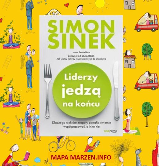 okładka książki "Liderzy jedzą na końcu" autora Simona Sinka na tle mapy marzeń