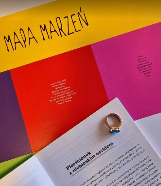 Książka pod tytułem "Pierścionek z niebieskim oczkiem" na tle mapy marzeń