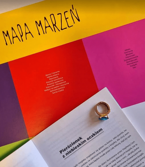 u góry mapa marzeń, na dole otwarta książka pod tytułem: "pierścionek z niebieskim oczkiem"