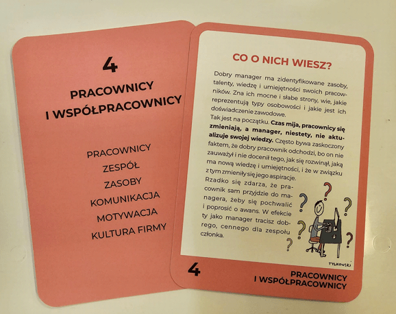 Karta szkoleniowa „Pracownicy i współpracownicy” z listą zagadnień (zespół, komunikacja, motywacja, kultura firmy) oraz opisem roli managera w rozwijaniu kompetencji pracowników.